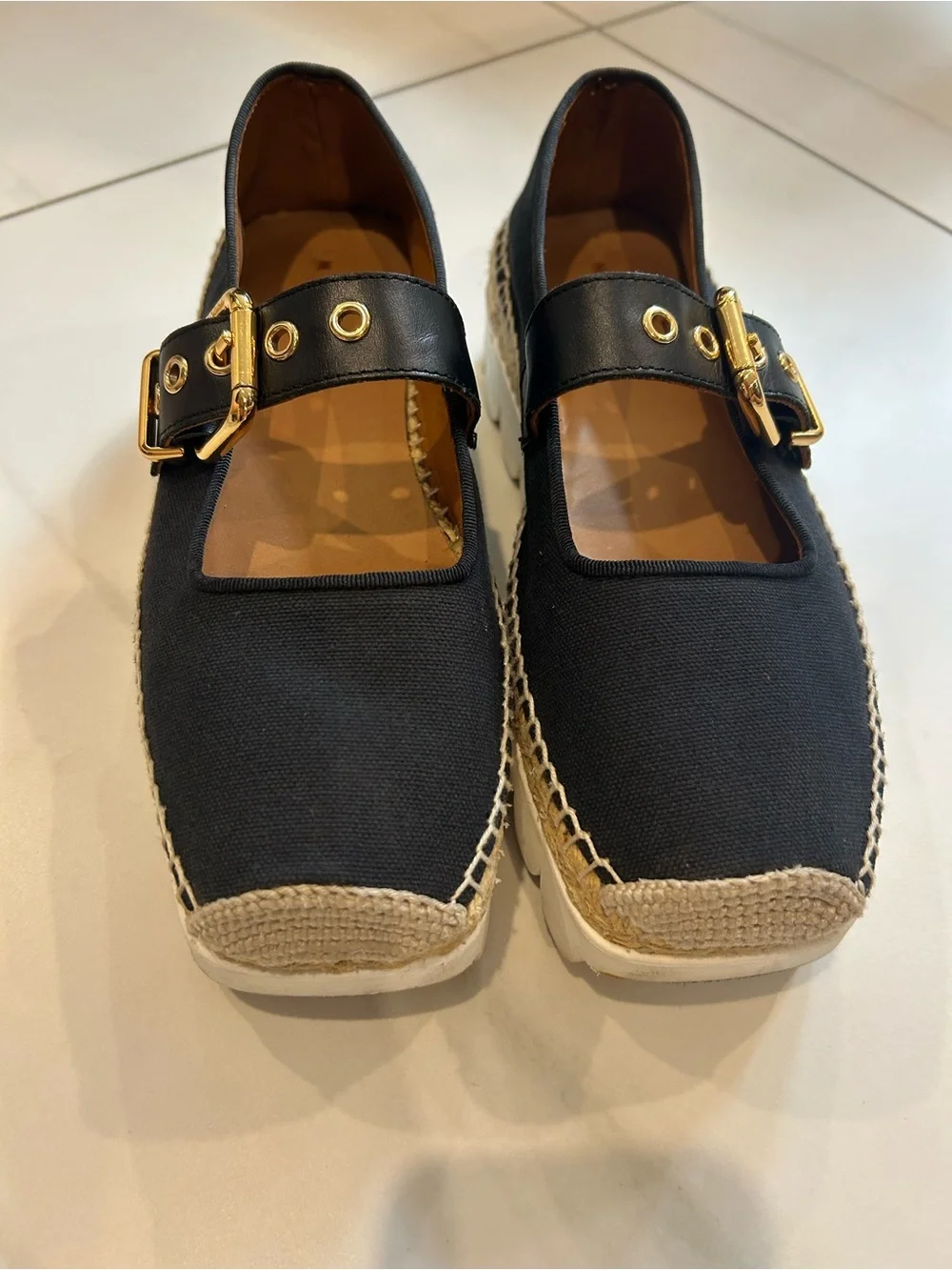 Marni Black Espadrille Mary Jane Flats with Gold Buckles